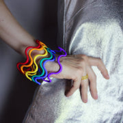 Set of 6 bangles 3D printed from bioplastic and hand-dyed in the sequence of hues commonly described as making up a rainbow; red, orange, yellow, green, blue, and violet. The bangles are available as a set or separately so you can choose the colour that best suits your personal style and personality.