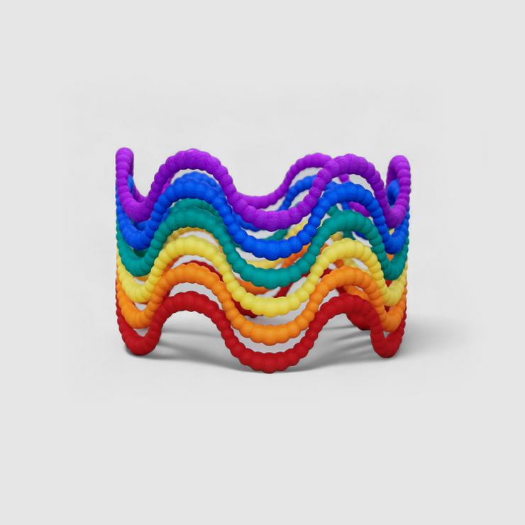 Set of 6 bangles 3D printed from bioplastic and hand-dyed in the sequence of hues commonly described as making up a rainbow; red, orange, yellow, green, blue, and violet. The bangles are available as a set or separately so you can choose the colour that best suits your personal style and personality.