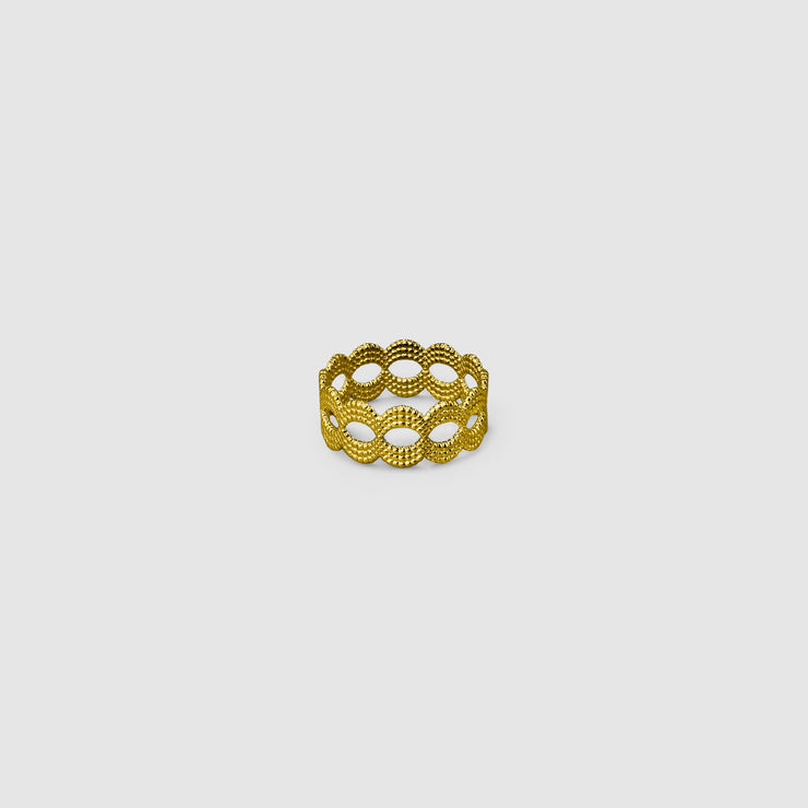 A contemporary twist on the ancient art of granulation, this refined stackable band ring reimagines traditional craftsmanship through a modern lens. Available in gold-plated brass, .925 silver, or gold-plated .925 silver, each ring features a subtly textured surface that echoes the precision and beauty of historical techniques via digital design. Designed to be worn alone for understated elegance or stacked for a bolder layered look - wear two or more together to create your own sculptural statement.