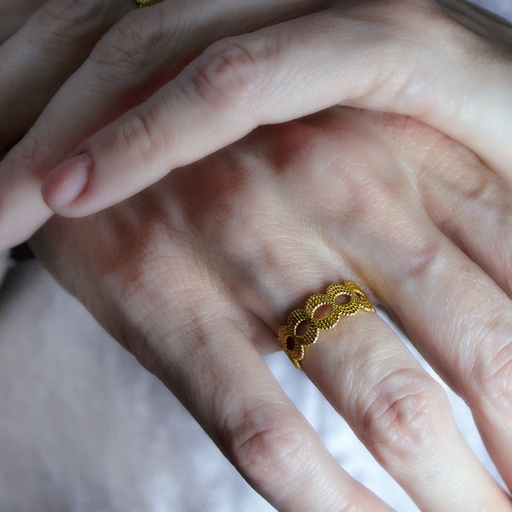 A contemporary twist on the ancient art of granulation, this refined stackable band ring reimagines traditional craftsmanship through a modern lens. Available in gold-plated brass, .925 silver, or gold-plated .925 silver, each ring features a subtly textured surface that echoes the precision and beauty of historical techniques via digital design. Designed to be worn alone for understated elegance or stacked for a bolder layered look - wear two or more together to create your own sculptural statement.