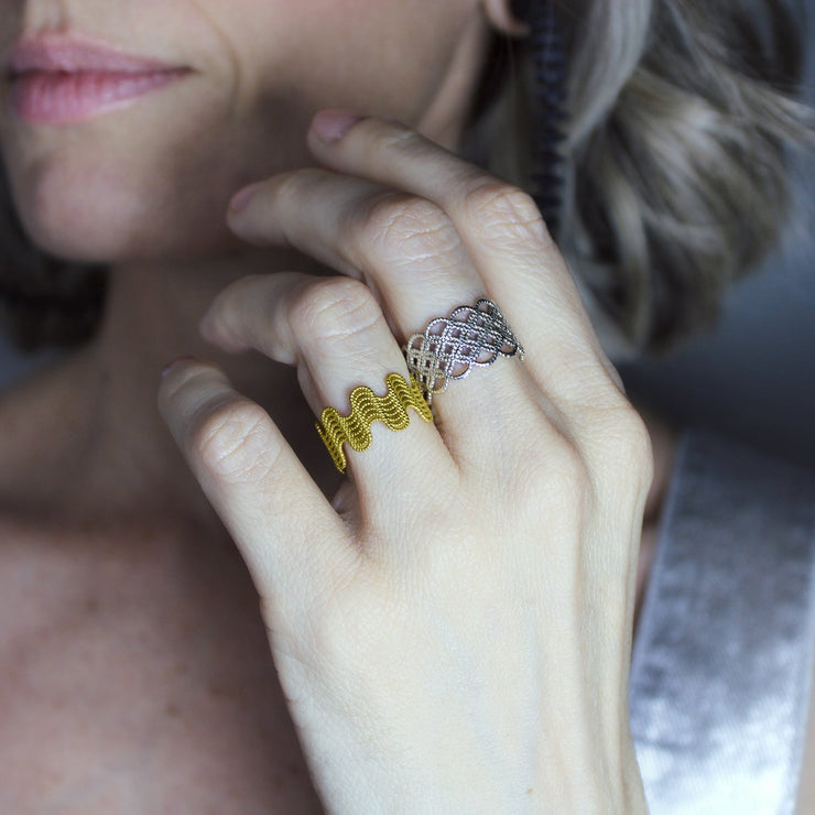 Sculptural ring featuring an intricate pattern and crafted in gold-plated brass or silver .925 from the PHAOS collection. Stacks beautifully or looks equally good worn alone.