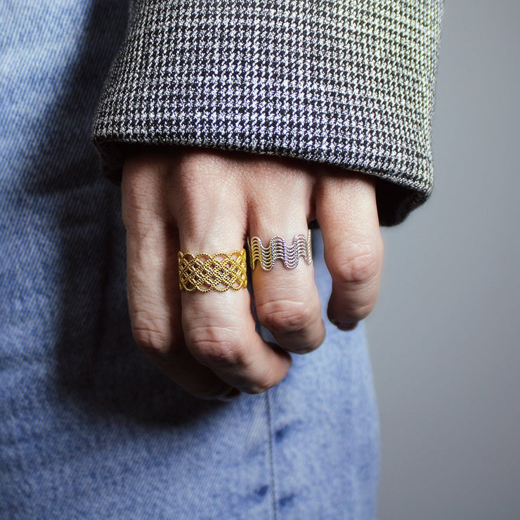 Sculptural ring featuring an intricate pattern and crafted in gold-plated brass or silver .925 from the PHAOS collection. Stacks beautifully or looks equally good worn alone.