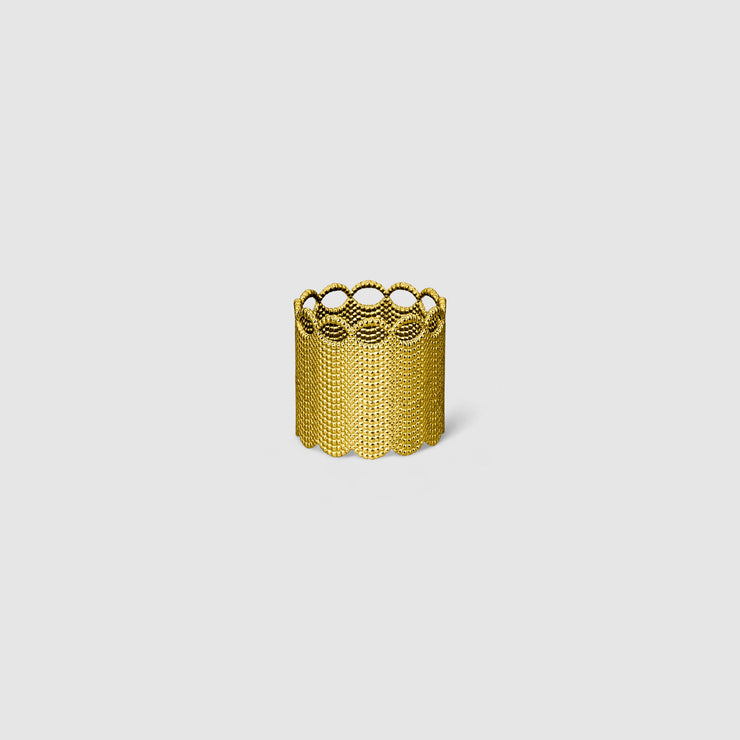 A seriously chunky ring from the PHAOS collection crafted in gold plated brass, silver .925 or gold plated silver .925. As this is a wide fitting ring, it’s always best to size up on your usual ring size. Featuring a contemporary twist to the ancient technique of granulation, it has a lovely feel and looks stunning on any finger.