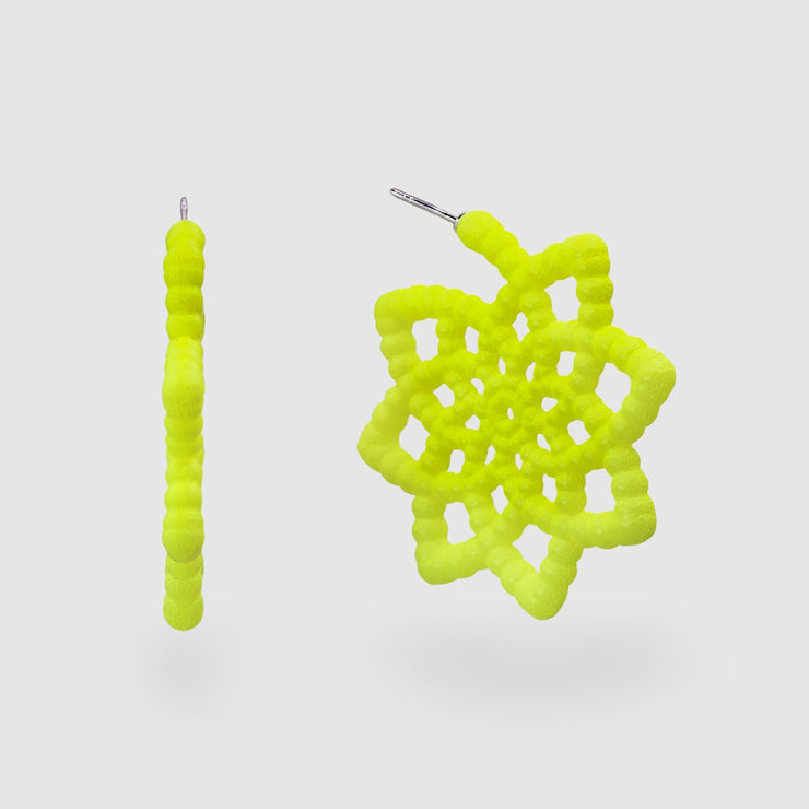 Vibrant hoops from 3D printed resin of the PHAOS collection hand dyed in neon yellow featuring silver .925 stud fastening for pierced ears. When it comes to adding a pop of colour these earrings complete the look.